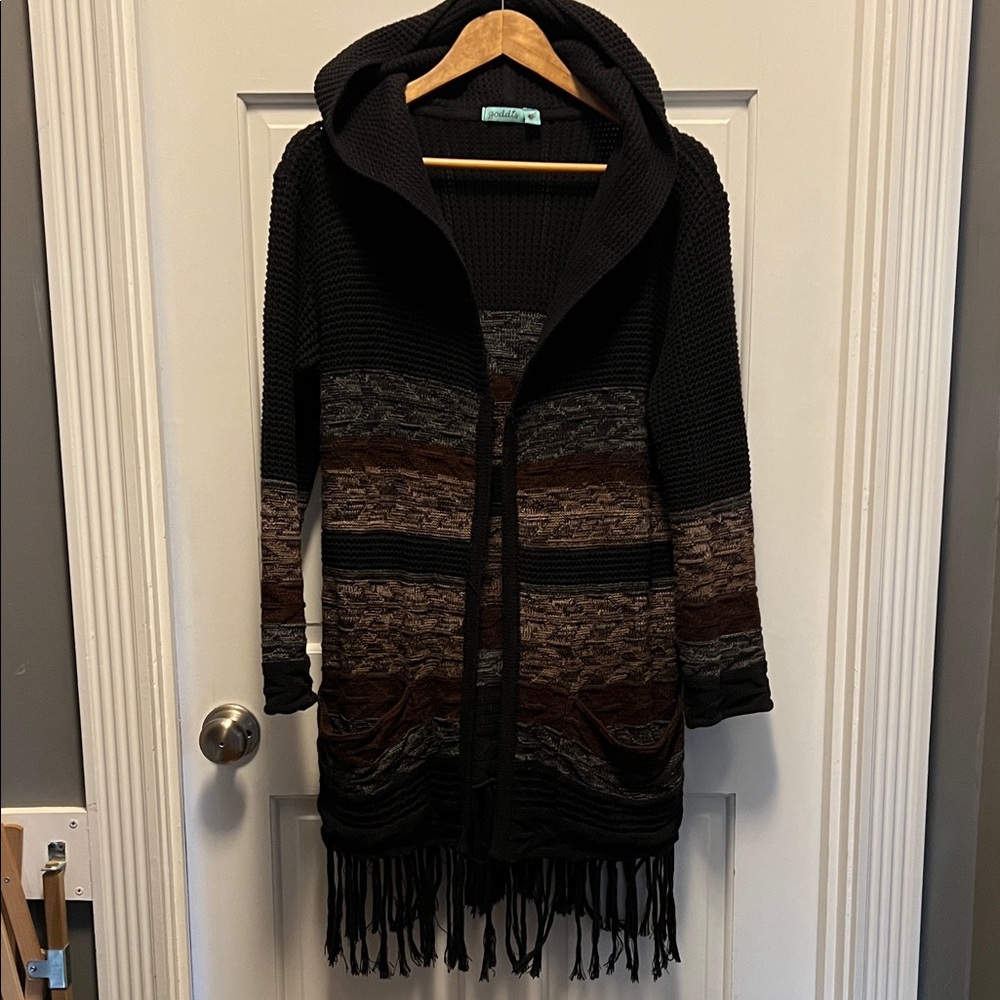 Goddis Black and Brown Hooded Cardigan/Poncho with Fringe